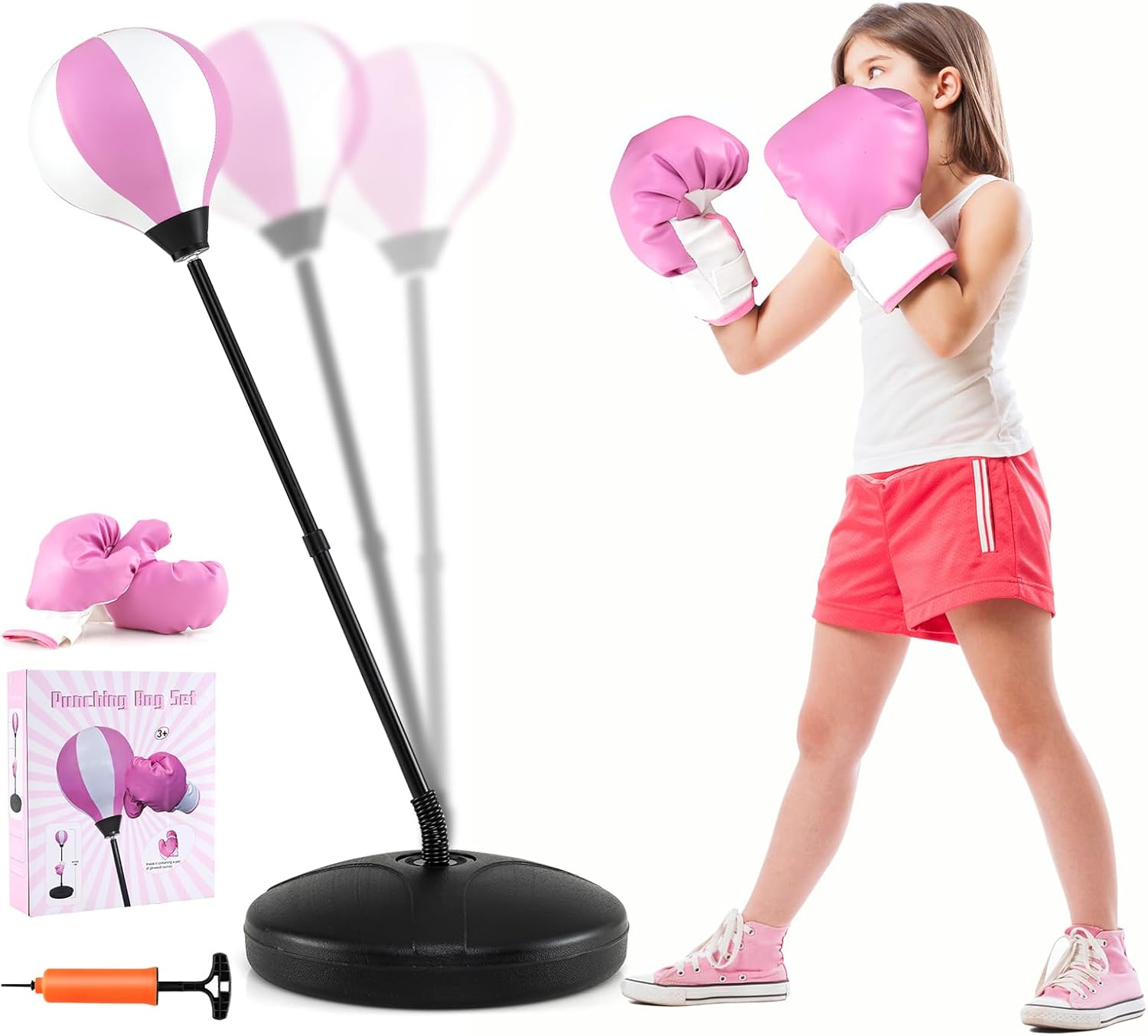 Sacco da Boxe per Bambini Altezza Regolabile, Punching Ball per Bambini con Guantoni, Palla di Pugilato da Terra con Base Stabile Riempibile con Acqua o Sabbia