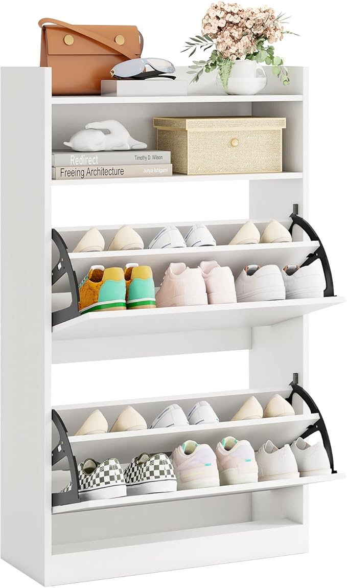 Scarpiera Slim in Legno, Portascarpe a 4 Livelli con 2 Cassetti a Ribalta, con Ripiano Aperto, Mobile Porta Scarpe per Ingresso Corridoio, 60x24x102 cm (Bianco)