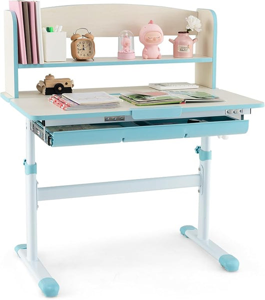 Scrivania per Bambini, Banco Scuola per 3-12 Anni Regolabile in Altezza da 50cm a 73cm con Piano Inclinabile 60°, Scrittoio Cameretta Multifunzionale con Libreria e Cassetto (Blu)