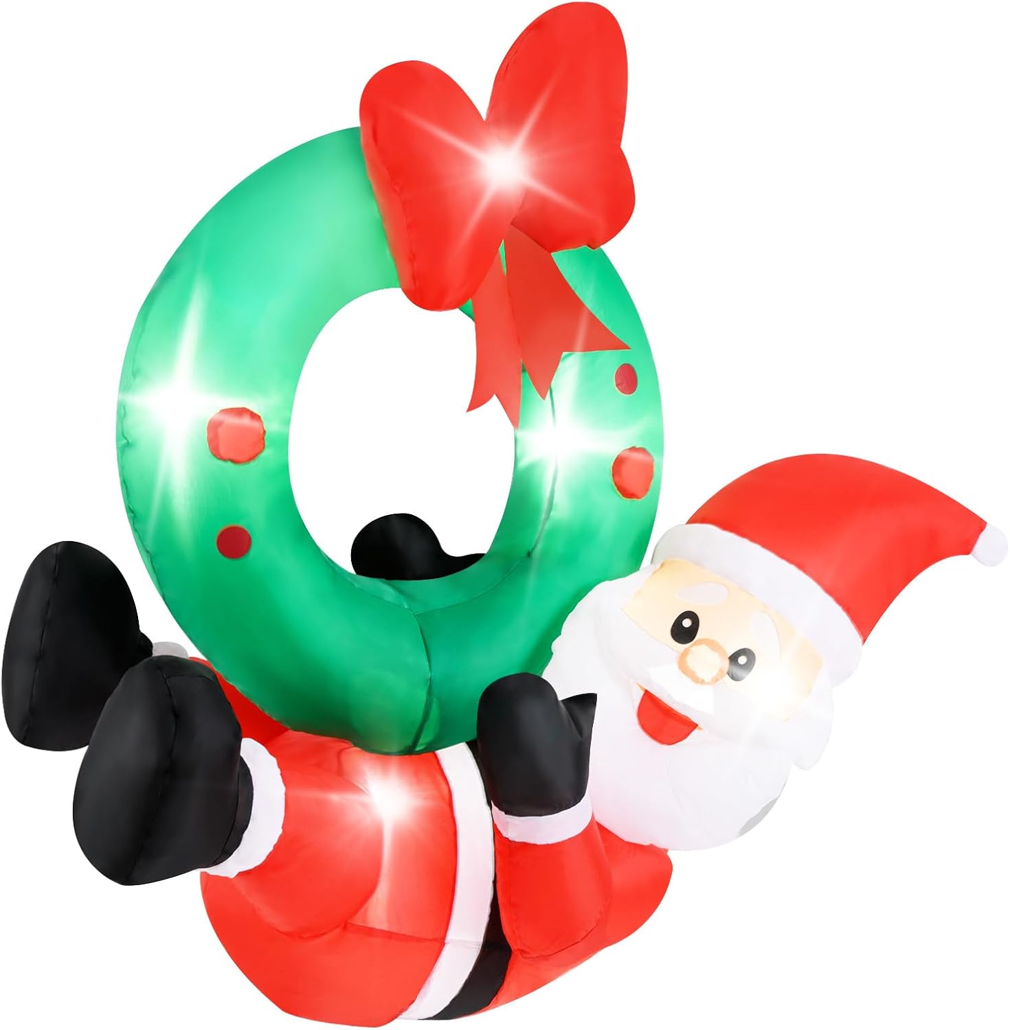 Decorazione Gonfiabile di Natale 120 CM, Babbo Natale Illuminato e Corona con Fiocco Rosso, 5 Luci LED, Soffiatore e 2 Corde, per Prato, Casa, Festa