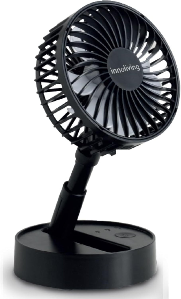 Innoliving Ventilatore Pieghevole Ricaricabile Senza Fili,Altezza Regolabile, 3 Velocità, Angolo 90°, Batteria Litio 1800mAh, Ricarica USB, Portatile, Conveniente (Nero, 10 cm Pieghevole)