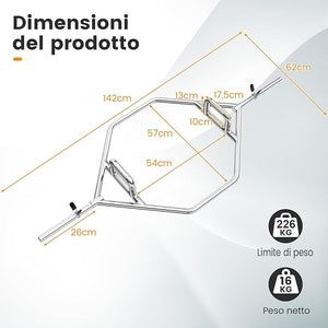 Barra della Trappola Olimpica, Olympic Hex Trap Bar in Acciaio con Maniglie Piegehvole, Barra Sollevamento Pesi, Capacità di Carico 226 kg(Argento)