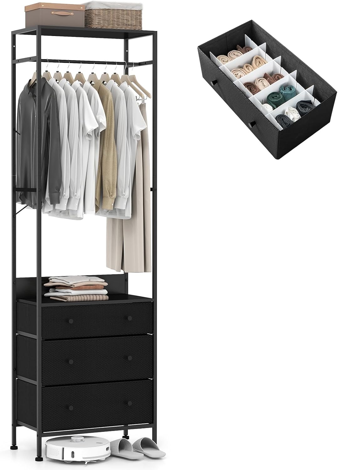 Appendiabiti con Cassetti in Tessuto, Armadio Autoportante con Asta Appendiabiti a 3 Posizioni e Ripiani di Stoccaggio, Ideale per Ingresso Camera da Letto, 55x28x176 cm (Nero)