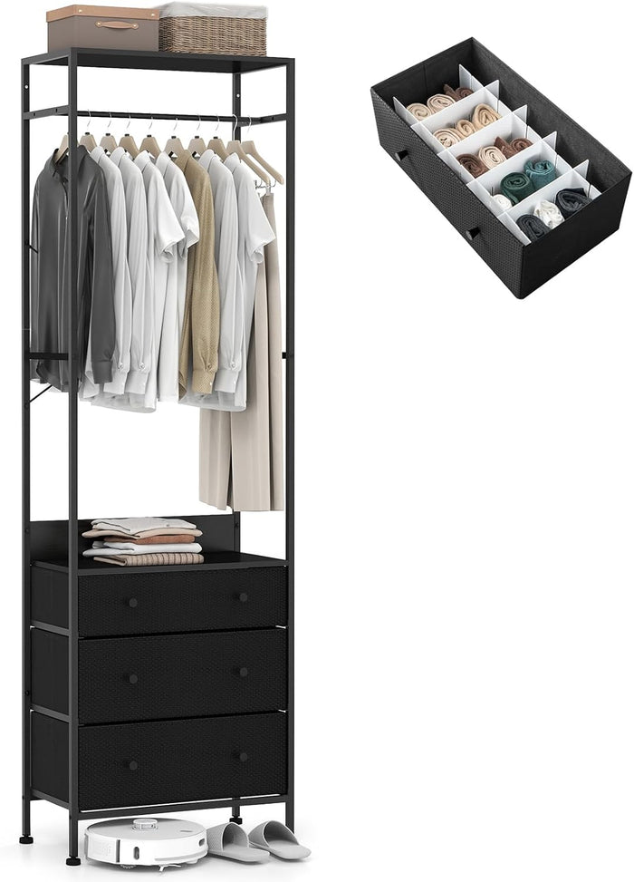 Appendiabiti con Cassetti in Tessuto, Armadio Autoportante con Asta Appendiabiti a 3 Posizioni e Ripiani di Stoccaggio, Ideale per Ingresso Camera da Letto, 55x28x176 cm (Nero)