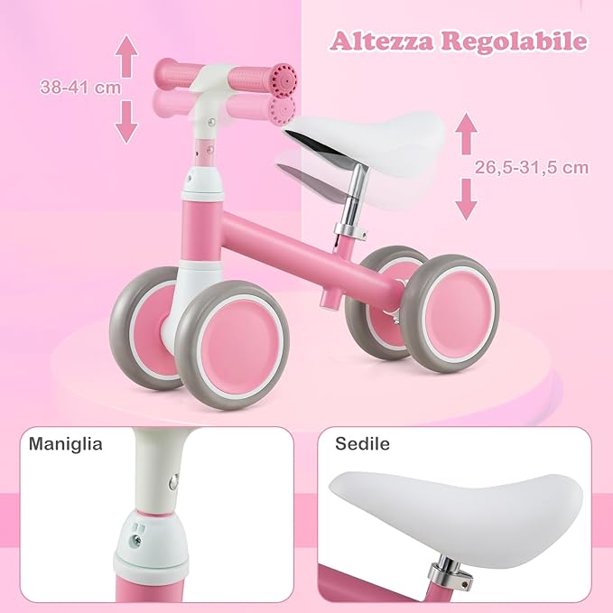 Bicicletta Senza Pedali per Bambini 1-3 Anni, Bicicletta Equilibrio con 4 Ruote, Manubrio e Sella Regolabili in Altezza, Bici per Bambini, Portata 25 kg