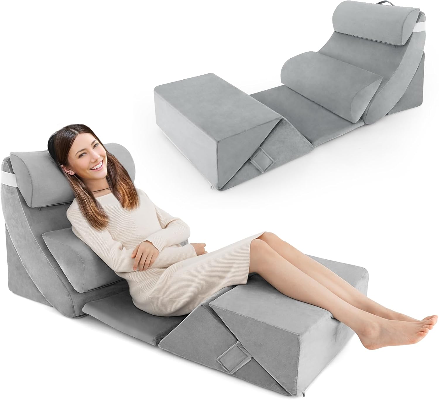 Set di 7 Cuscini per Letto/Divano, Cuscini per Corpo in Memory Foam Regolabili con Copertura Lavabile, Supporto per Testa, Collo, Schiena, Grigio