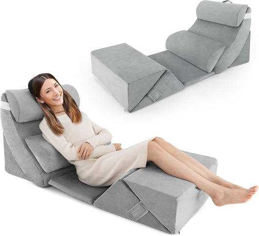 Set di 7 Cuscini per Letto/Divano, Cuscini per Corpo in Memory Foam Regolabili con Copertura Lavabile, Supporto per Testa, Collo, Schiena, Grigio