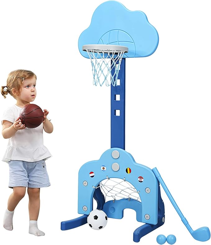 Basket per Bambini Centro attività Multifunzione - Palla Canestro, Calcio e Golf, Mazza da Golf e Palle incluese, per Bambini, Altezza Regolabile (Nuvola Azzurra)
