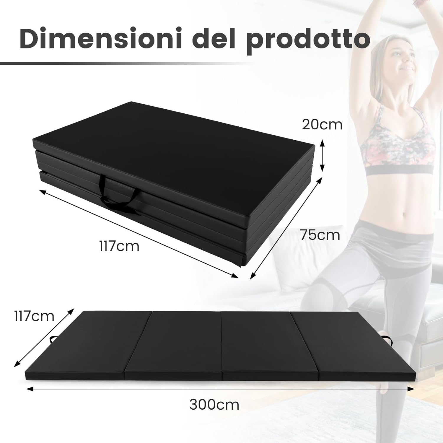 Tappetino per Ginnastica Pieghevole a 4 Pannelli con Maniglie, 300 x 117 x 5 CM, Tappetino in Ecopelle con Chiusure a Strappo per Ginnastica, Yoga, Stretching & Capriole