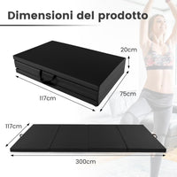 Tappetino per Ginnastica Pieghevole a 4 Pannelli con Maniglie, 300 x 117 x 5 CM, Tappetino in Ecopelle con Chiusure a Strappo per Ginnastica, Yoga, Stretching & Capriole