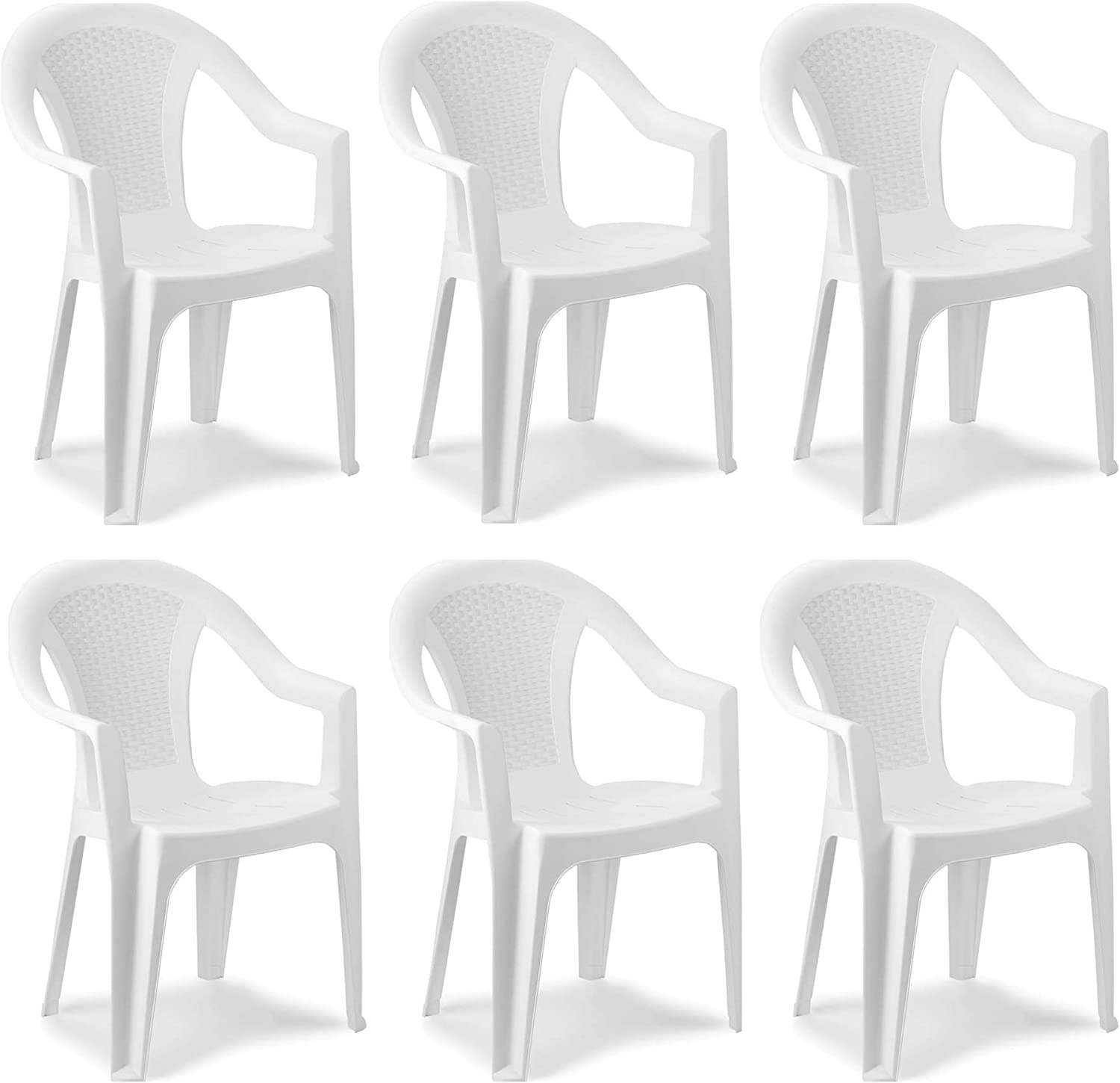 Sedia da giardino set 6 sedie in plastica effetto rattan con braccioli e impilabili colore bianco Tomaino