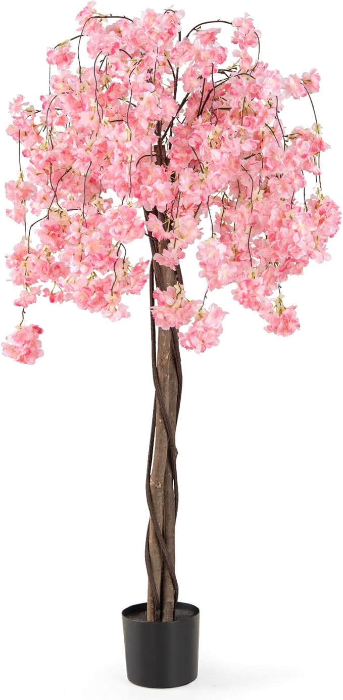 Albero di Ciliegio Artificiale 163 CM, Pianta Finta da Interno con Vaso in PP Riempito con Cemento, Fiori in Tessuto, Decorazione per Ufficio, Casa e Veranda (Rosa)