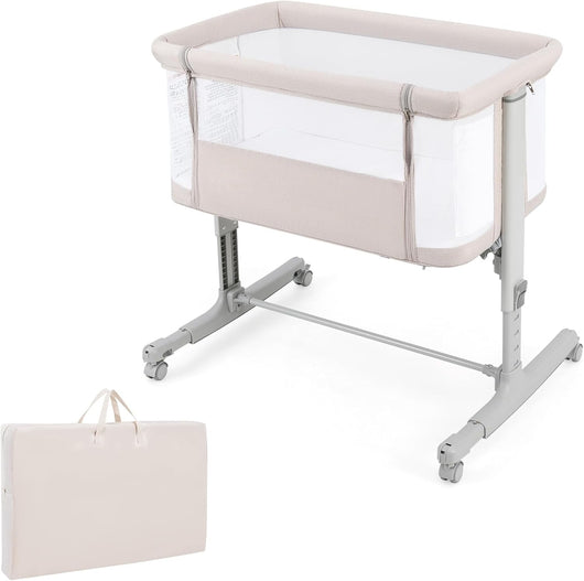 3 in 1, culla regolabile in altezza a 5 livelli, con materasso, lettino da viaggio mobile su ruote con navicella, per bambini dalla nascita fino a 9 kg (beige)