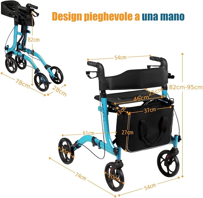 Deambulatore Pieghevole per Anziani Ultraleggero, con Sedile Borsa da Spesa e 4 Ruote Freno a Mano, Rollator Altezza Regolabile, Capacità 136kg, Lega di Alluminio, Nero (Blu)