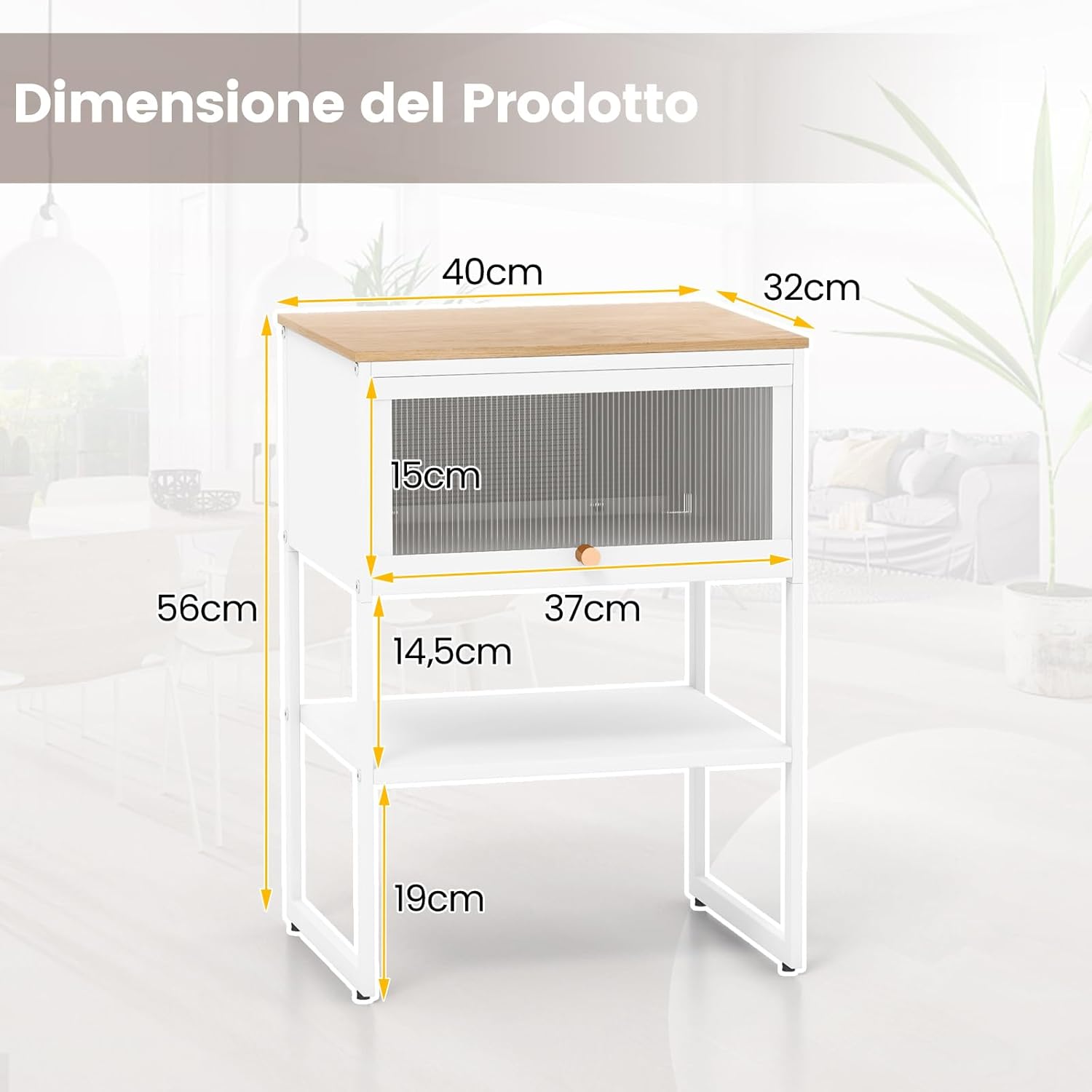 Tavolino con Anta a Ribalta, Tavolino da Divano o Letto a 3 Livelli con Ripiano di Archiviazione, Comodino Moderno per Soggiorno e Camera da Letto, 40 x 32 x 56 cm (Bianco)