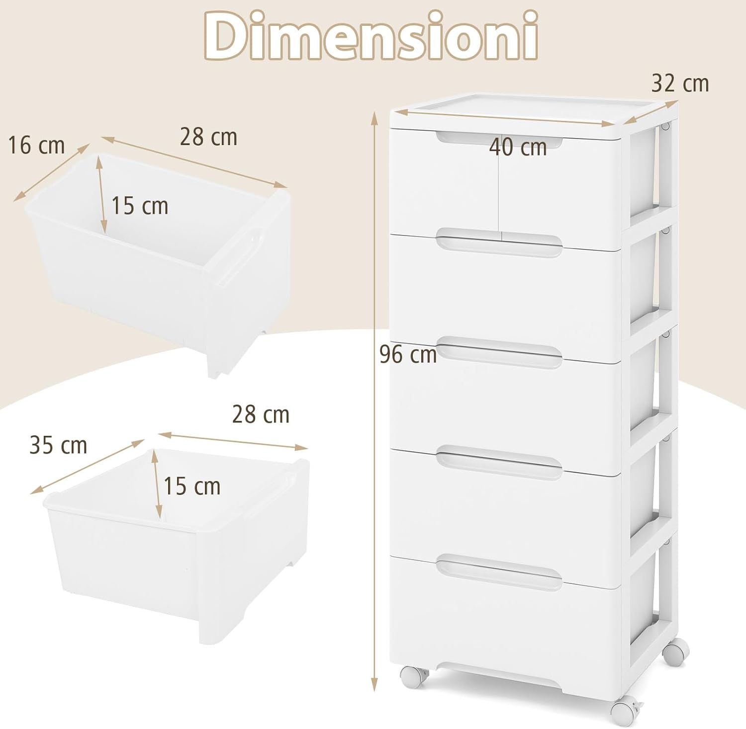 Carrello di Stoccaggio con Ruote, Cassettiera Verticale con Cassetti, Armadietto Contenitore di Stoccaggio, Organizzatore di Plastica per Casa Ufficio (5 cassetti)