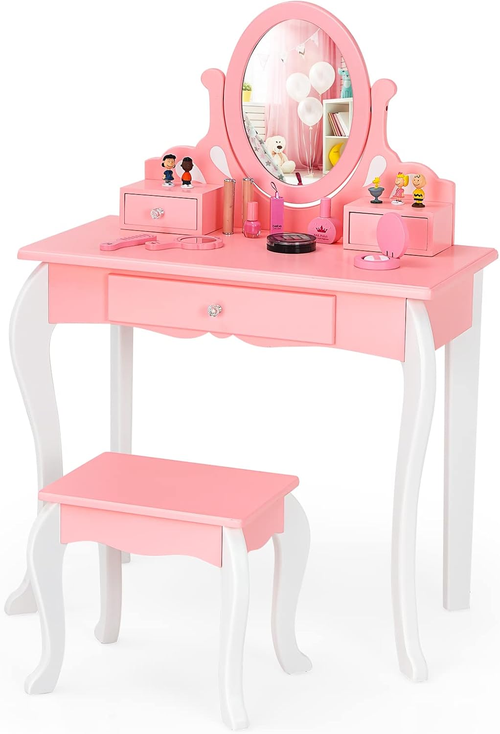Toeletta Trucco con Sgabello per Bambini, Toeletta Trucco Bambina con Specchio Girevole a 360° e 3 Cassetti, 2-in-1 Postazione Trucco, 3+ Anni (Rosa)