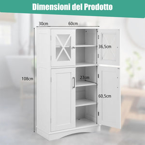 Mobile da Bagno con 4 Ante, Armadio da Terra con Ripiani Regolabili, Mobiletto Multifunzionale per Bagno Cucina e Soggiorno, 60x30x108 cm, Bianco (Bianco)