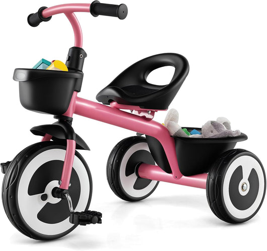 Triciclo per Bambini, Trike con Sede Regolabile Cestini Anteriori e Posteriori, Bicicletta a 3 Ruote con Telaio in Ferro Carbonioso di Alta Resistenza, per Bambini 1,5-5 Anni (Rosa)