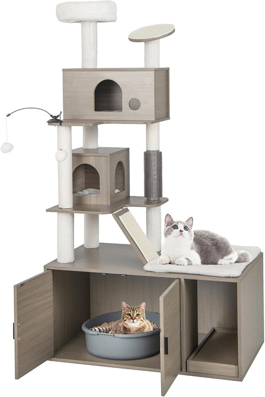 Albero per Gatti con Mobile per Lettiera, Torre per Gatti Moderna 2-in-1 con Doppie Cucce, Piattaforma Superiore, Pali in Sisal, Tiragraffi, Rampino, Piattaforma e Palline, Grigio