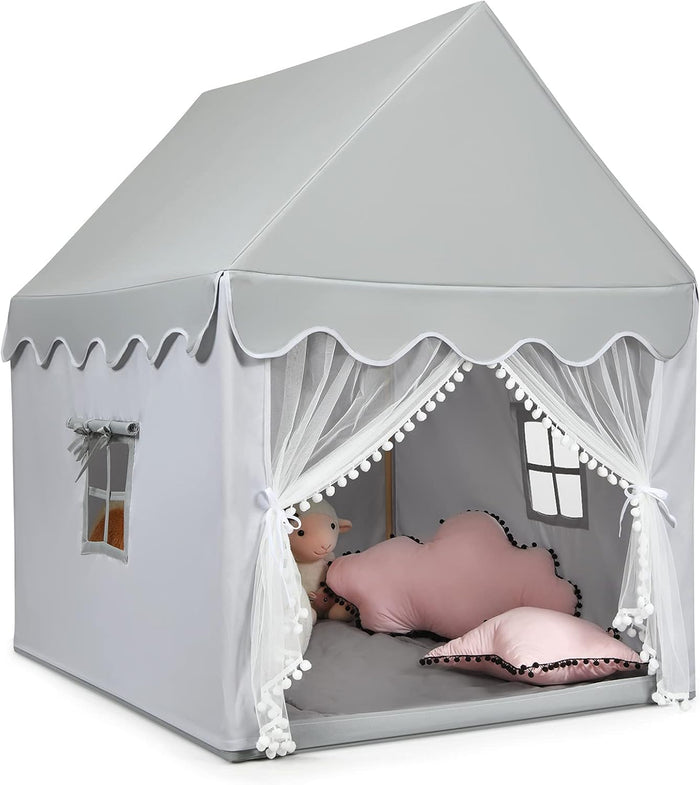 Casetta per Bambini, Casetta con Tenda Resistente Struttura in Solido Legno e Tappetino di Cotone, Con Tenda Porta e Finestra