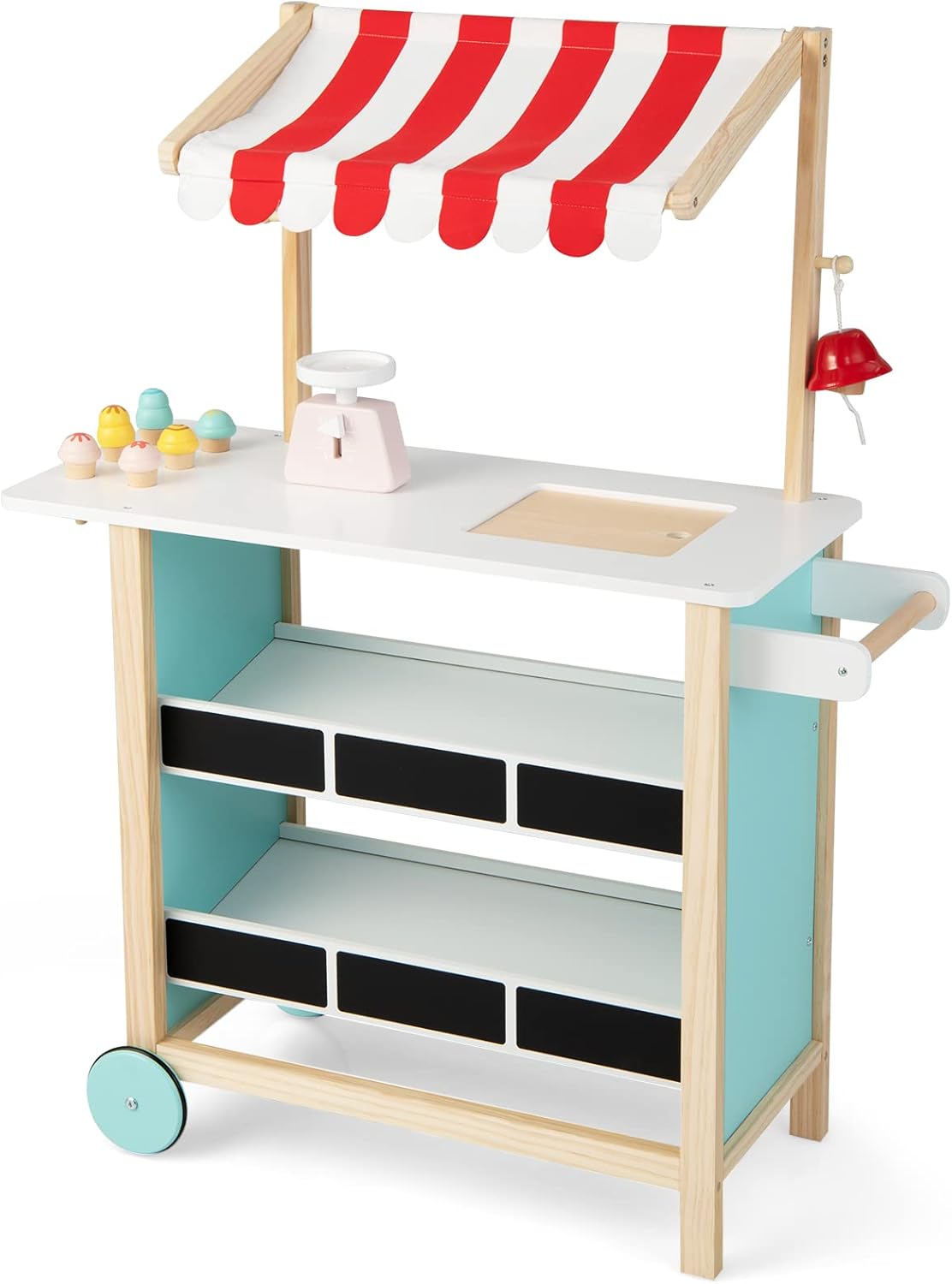 Carretto dei Gelati in Legno per Bambini, con 6 Gelati Giocattolo, Bilancia a Forma di A, Campanello Funzionante, Gelateria per Bambini + 3 Anni, 79 x 29 x 100 cm (Rosso)