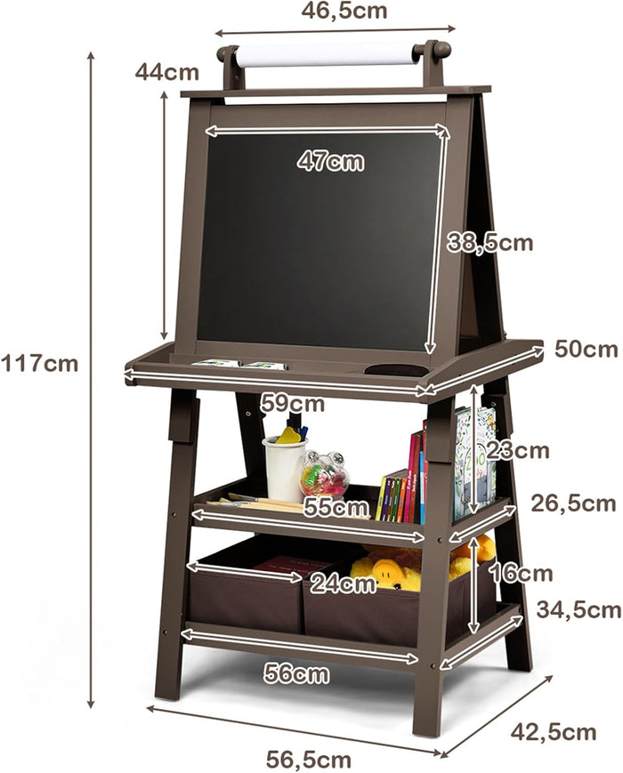 3 in 1 Cavalletto per Bambini con Doppia Faccia, Cavalletto per Disegno con 2 Vassoi e 2 Scatole, Lavagna Bambini in Legno (caffè)