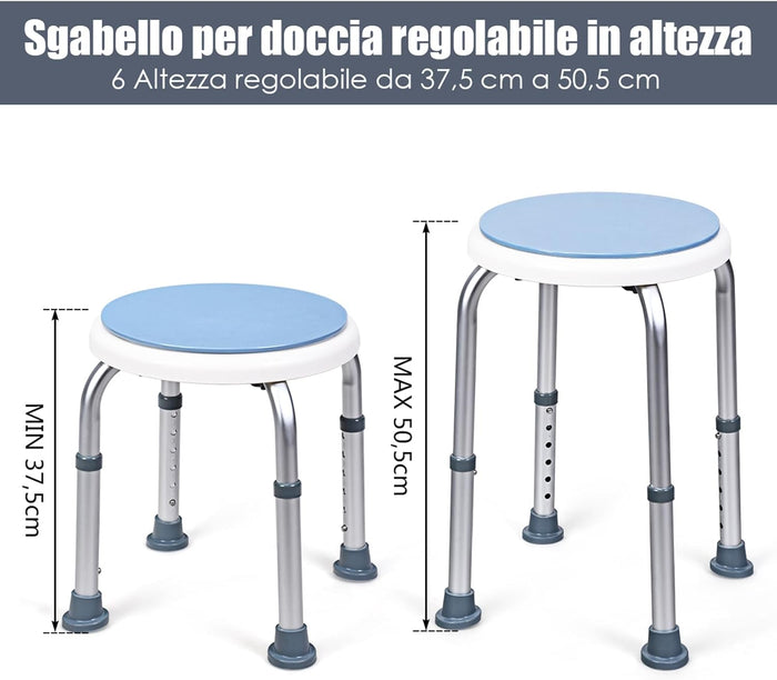 Sgabello per Doccia Girevole a 360°, Regolazione in Altezza, Gambe in Alluminio Resistenti alla Ruggine, Stabile e Antiscivolo, Sedile Comodo per Anziani e Disabili
