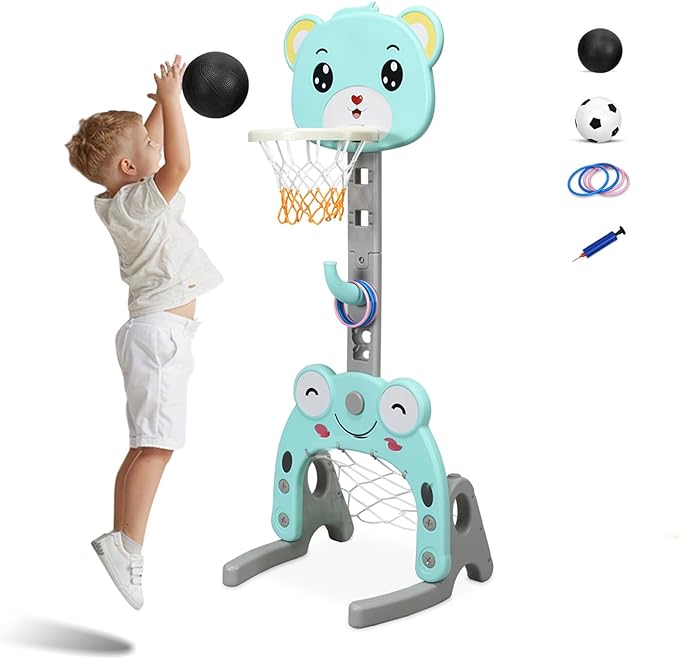 Canestro da Basket, Centro Attività 3 in 1 per Bambini, Canestro da Basket con Porta da Calcio e Gioco degli Anelli, Set Basket e Calcio a Forma di Orso, Ideale per Bambini (Verde)