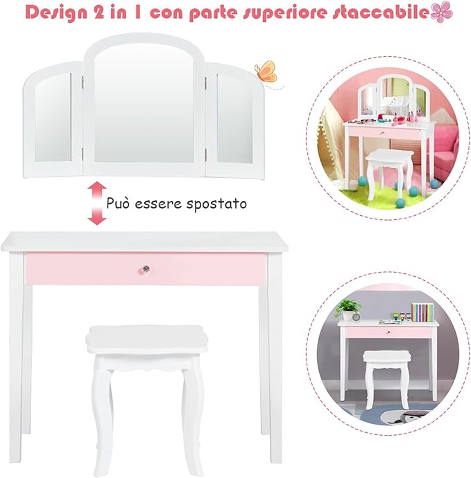 Toeletta Trucco per Bambina, Specchiera Trittica per Ragazza in Legno Robusto con Sgabello e Cassetto, Postazione Trucco 2 in 1 per Cameretta e Cmera da Letto, 95x70x34cm(Bianco)