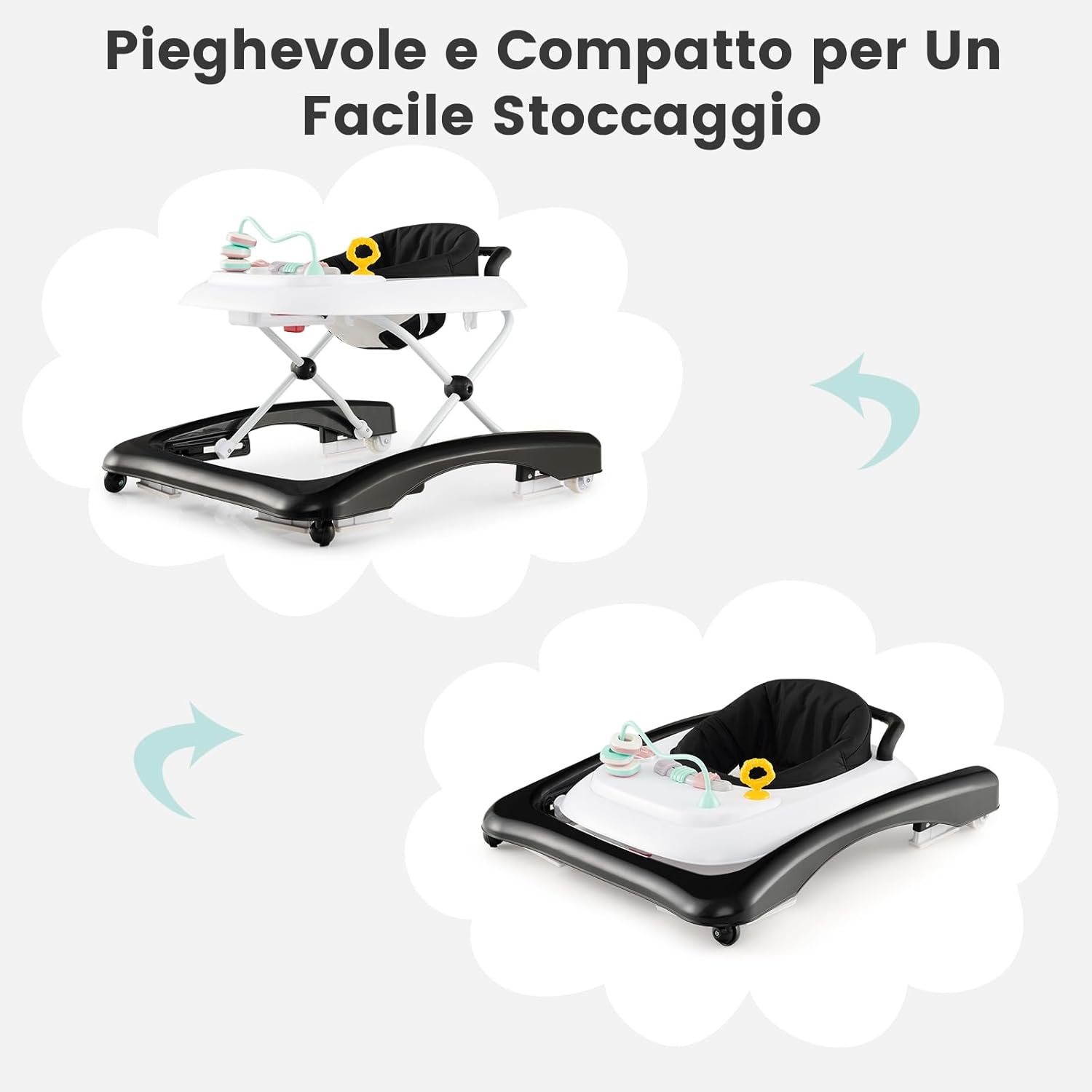 3 in 1 Girello per Bambini, Girello Pieghevole per Bambini, con 3 Altezze Regolabili, Sedile Imbottito e Piatto Giocattolo Rimovibile, Girello a Spinta con Ruote, per Bambini 6+ Mesi (Nero)