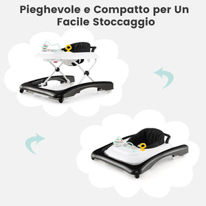 3 in 1 Girello per Bambini, Girello Pieghevole per Bambini, con 3 Altezze Regolabili, Sedile Imbottito e Piatto Giocattolo Rimovibile, Girello a Spinta con Ruote, per Bambini 6+ Mesi (Nero)