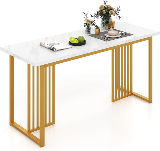 Tavolo da Pranzo, Tavolo Moderno per 6-8 Persone con Piano in Finto Marmo e Gambe in Metallo, Tavolllo Rettangolare da per Sala da Pranzo, Soggiorno e Cucina, 160 x 60 x 76 cm, Bianco e Oro