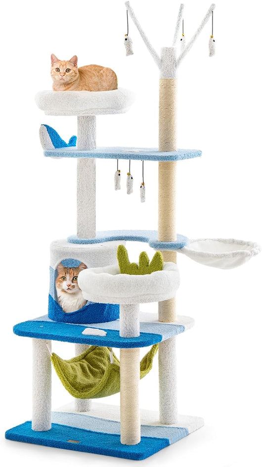 Albero per Gatti a Tema Oceanico, Torre per Gatti con Pali Tiragraffi in Sisal, Cuccia, Piattaforma, Amaca, Piattaforme di Salto e Giocattoli, Albero Tiragraffi per Gatti da Interno