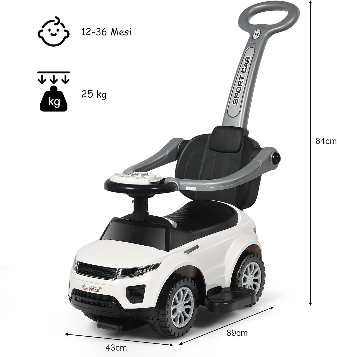 3 in 1 Macchina Cavalcabile a Spinta per Bambini, con Clacson Musica Luce Portaoggetti Sotto Sedile, Auto a Spinta per Bambini di 1-3 Anni (Bianco)