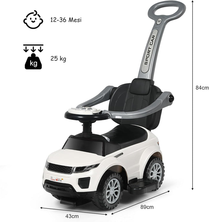 3 in 1 Macchina Cavalcabile a Spinta per Bambini, con Clacson Musica Luce Portaoggetti Sotto Sedile, Auto a Spinta per Bambini di 1-3 Anni (Bianco)