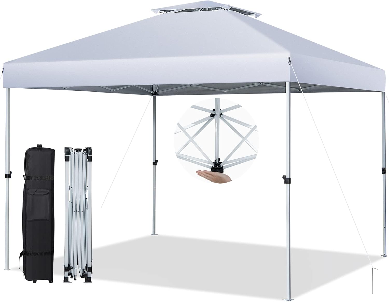 Gazebo Pieghevole da Giardino 3 x 3 m, Gazebo Pop Up Impermeabile con Telaio in Acciaio, Altezza Regolabile, Doppio Tetto e Borsa con Ruote, per Giardino Spiaggia Campeggio (Bianco)