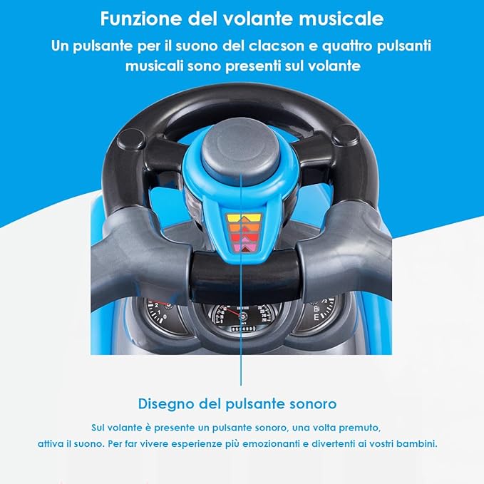 3 in 1 Macchina Cavalcabile a Spinta per Bambini, con Guardrail Staccabili e Maniglia Clacson, Spazio di Archiviazione Nascosto e Design Anti-ribaltamento, Ideale per Bambini 2-6 Anni (Blu)