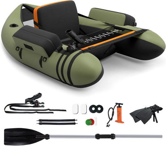 Belly Boat da Pesca Portatile, Gommone Gonfiabile da Pesca con Porta Canne Regolabile, Pompa, Pagaia in Alluminio, Spallacci e Kit di Riparazione, Barca da Mare con 2 Pinne, capacità 160kg