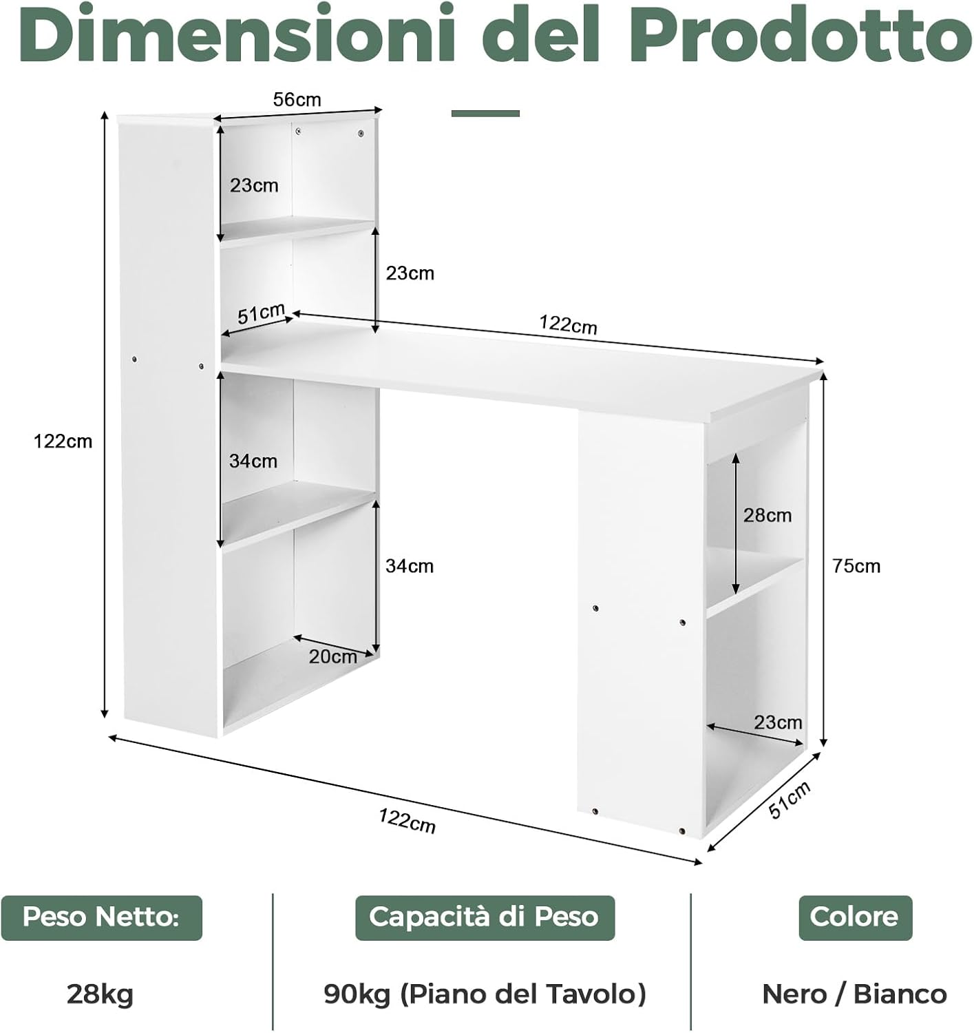 Scrivania per Computer con Libreria, Scrivania Moderna Porta PC con 6 Ripiani, Mobile Scrivania con Ripiani Regolabile Ampia Base per Casa, Ufficio, Naturale/Bianco (bianco)