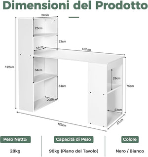 Scrivania per Computer con Libreria, Scrivania Moderna Porta PC con 6 Ripiani, Mobile Scrivania con Ripiani Regolabile Ampia Base per Casa, Ufficio, Naturale/Bianco (bianco)