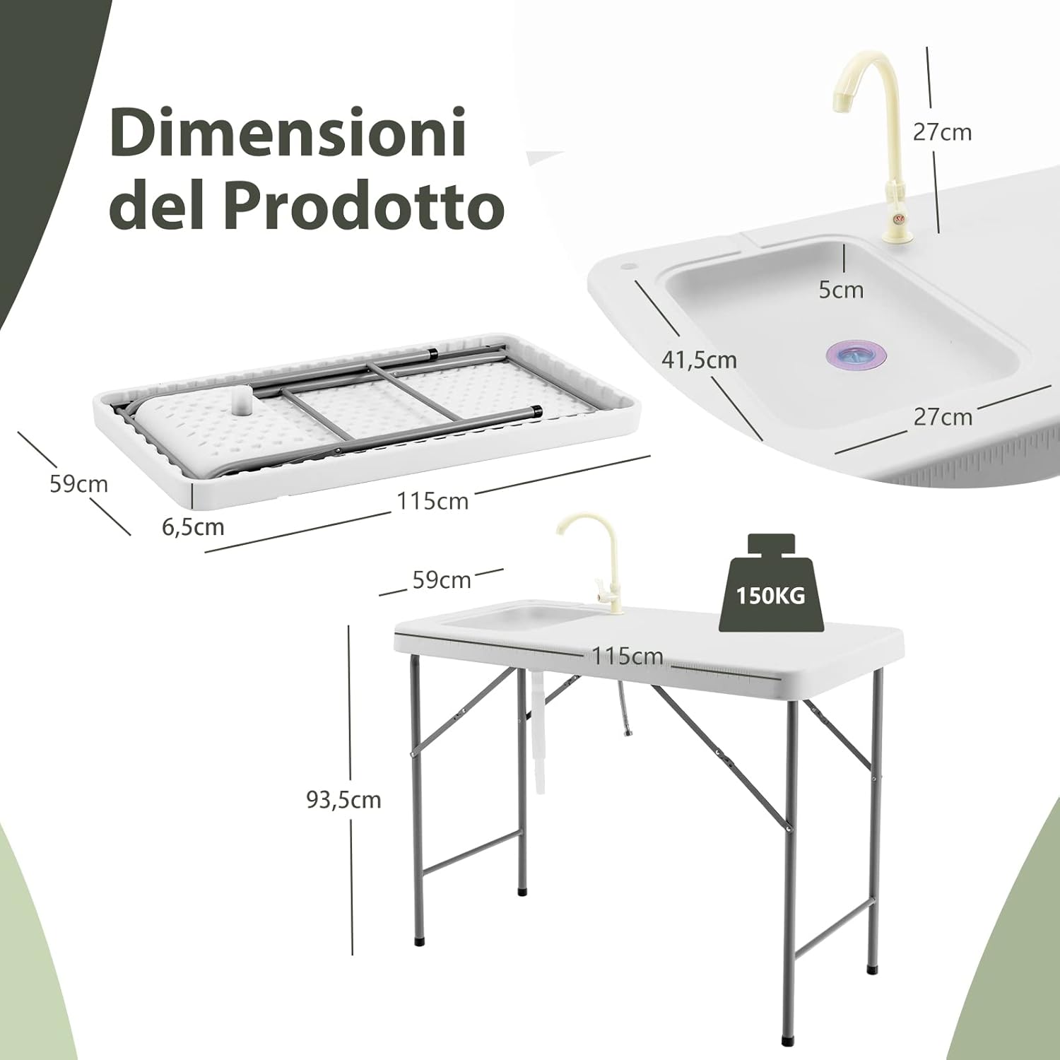 Tavolo da Campeggio Portatile, Tavolo Pieghevole con Lavandino, Rubinetto, Tubo di Scarico, Tavolo da Esterno, Ideale per Picnic e Campeggio, 115 x 59 x 93,5 cm, Portata 150 kg