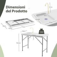 Tavolo da Campeggio Portatile, Tavolo Pieghevole con Lavandino, Rubinetto, Tubo di Scarico, Tavolo da Esterno, Ideale per Picnic e Campeggio, 115 x 59 x 93,5 cm, Portata 150 kg