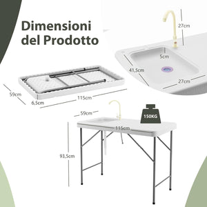 Tavolo da Campeggio Portatile, Tavolo Pieghevole con Lavandino, Rubinetto, Tubo di Scarico, Tavolo da Esterno, Ideale per Picnic e Campeggio, 115 x 59 x 93,5 cm, Portata 150 kg