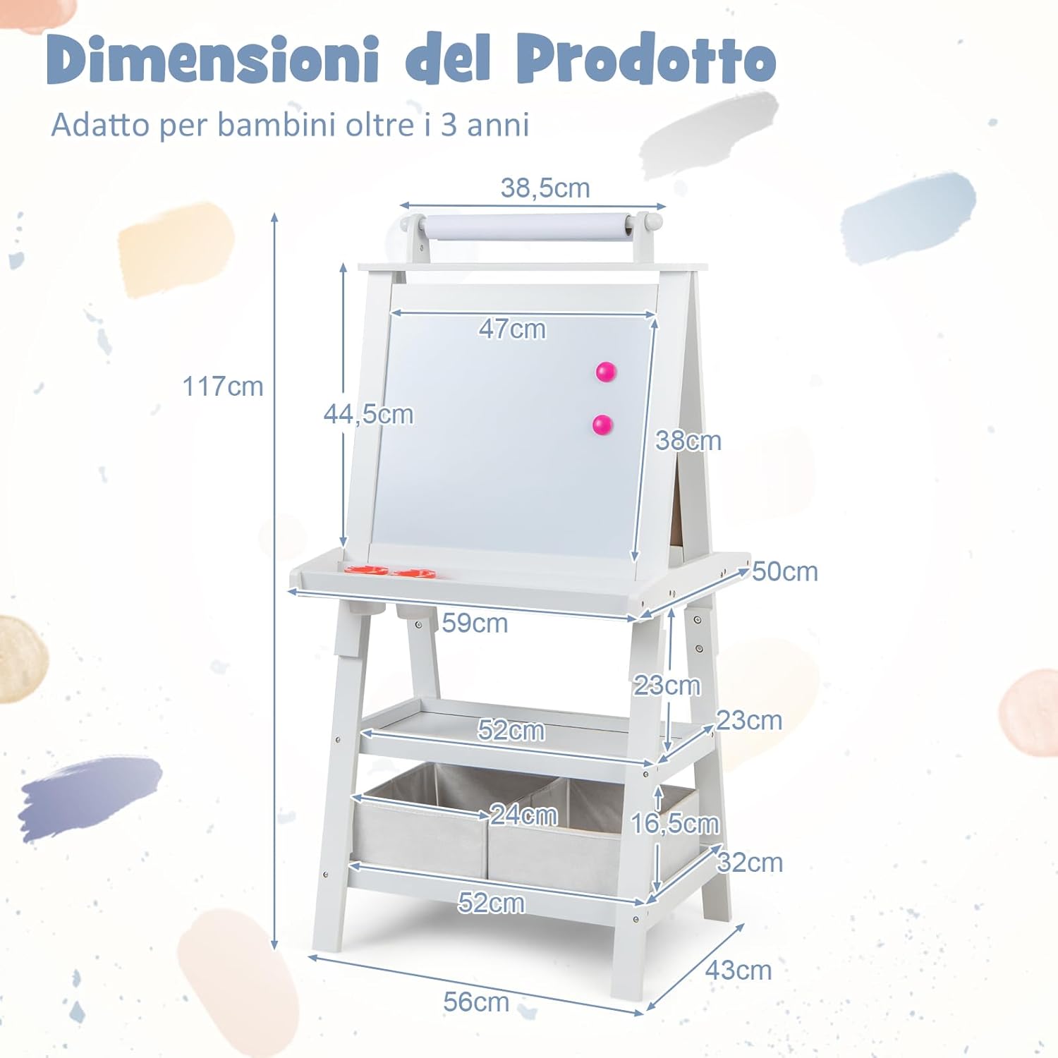 3 in 1 Cavalletto per Bambini con Doppia Faccia, Cavalletto per Disegno con 2 Vassoi e 2 Scatole, Lavagna Bambini in Legno (Bianco)