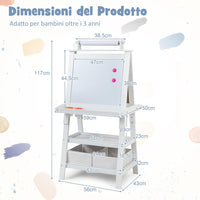 3 in 1 Cavalletto per Bambini con Doppia Faccia, Cavalletto per Disegno con 2 Vassoi e 2 Scatole, Lavagna Bambini in Legno (Bianco)