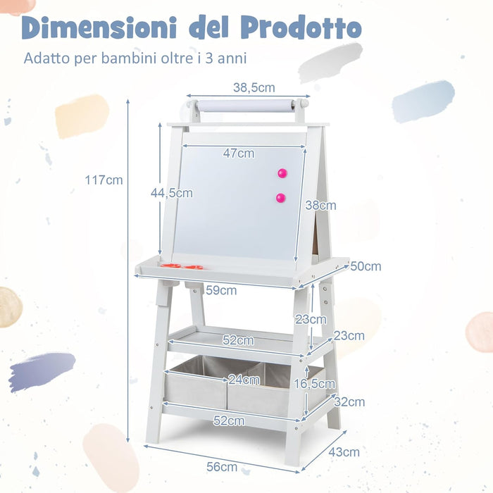 3 in 1 Cavalletto per Bambini con Doppia Faccia, Cavalletto per Disegno con 2 Vassoi e 2 Scatole, Lavagna Bambini in Legno (Bianco)