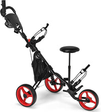 Carrello da Golf Pieghevole con 3 Ruote, Trolley da Golf Altezza Regolabile di Alluminio con Sedile, Porta Ombrello e Porta Bevande(Rosso)