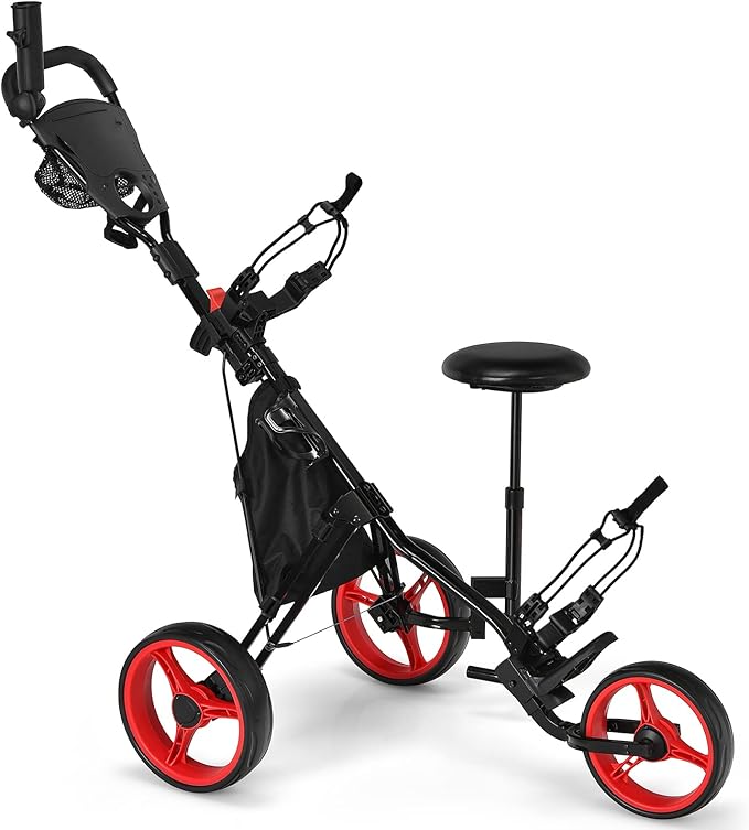 Carrello da Golf Pieghevole con 3 Ruote, Trolley da Golf Altezza Regolabile di Alluminio con Sedile, Porta Ombrello e Porta Bevande(Rosso)