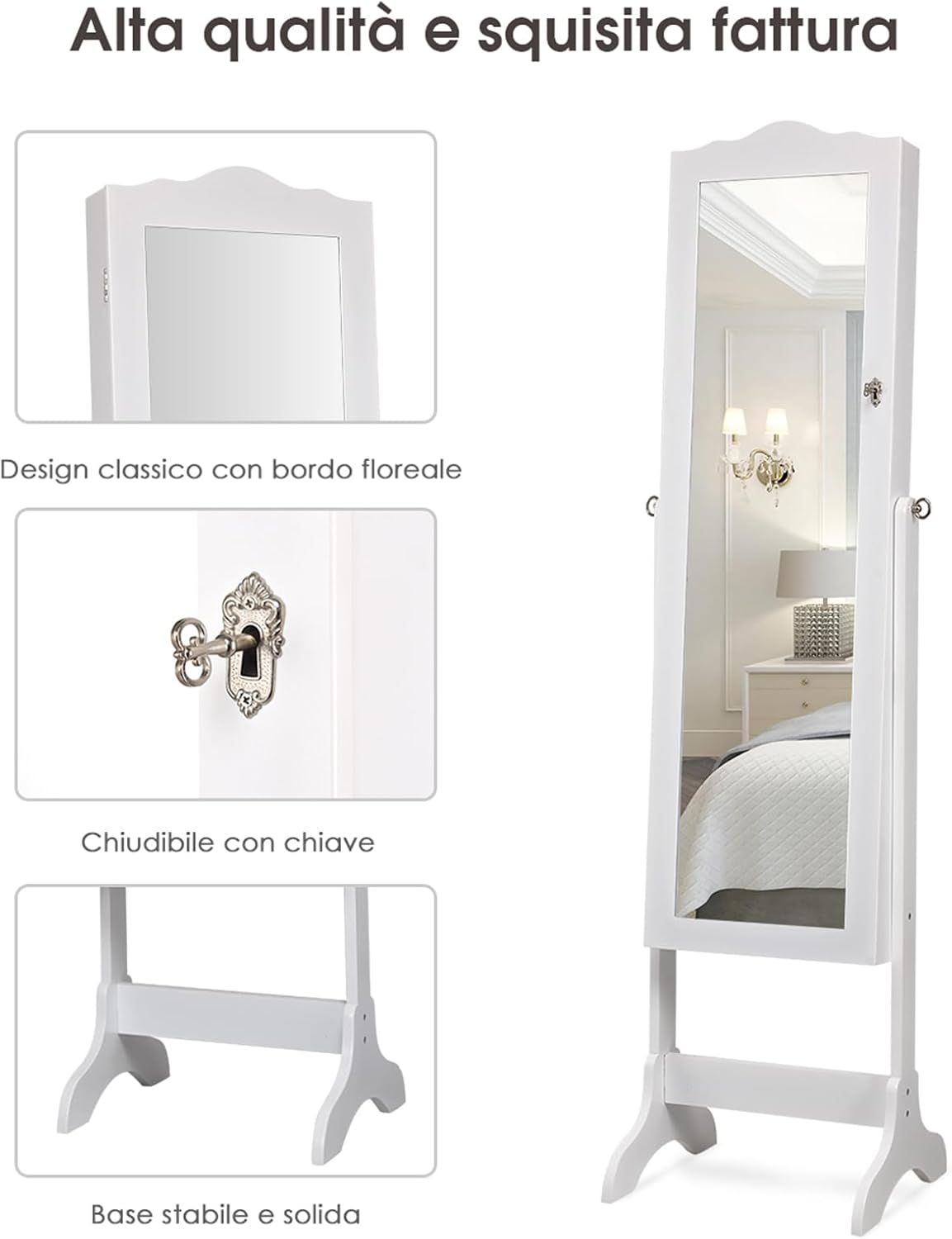 Armadietto Portagioie Specchiera per Gioielli con Chiave e Luci LED, Specchio Figura Intera da Terra, 160x41,5x37cm (Bianco)